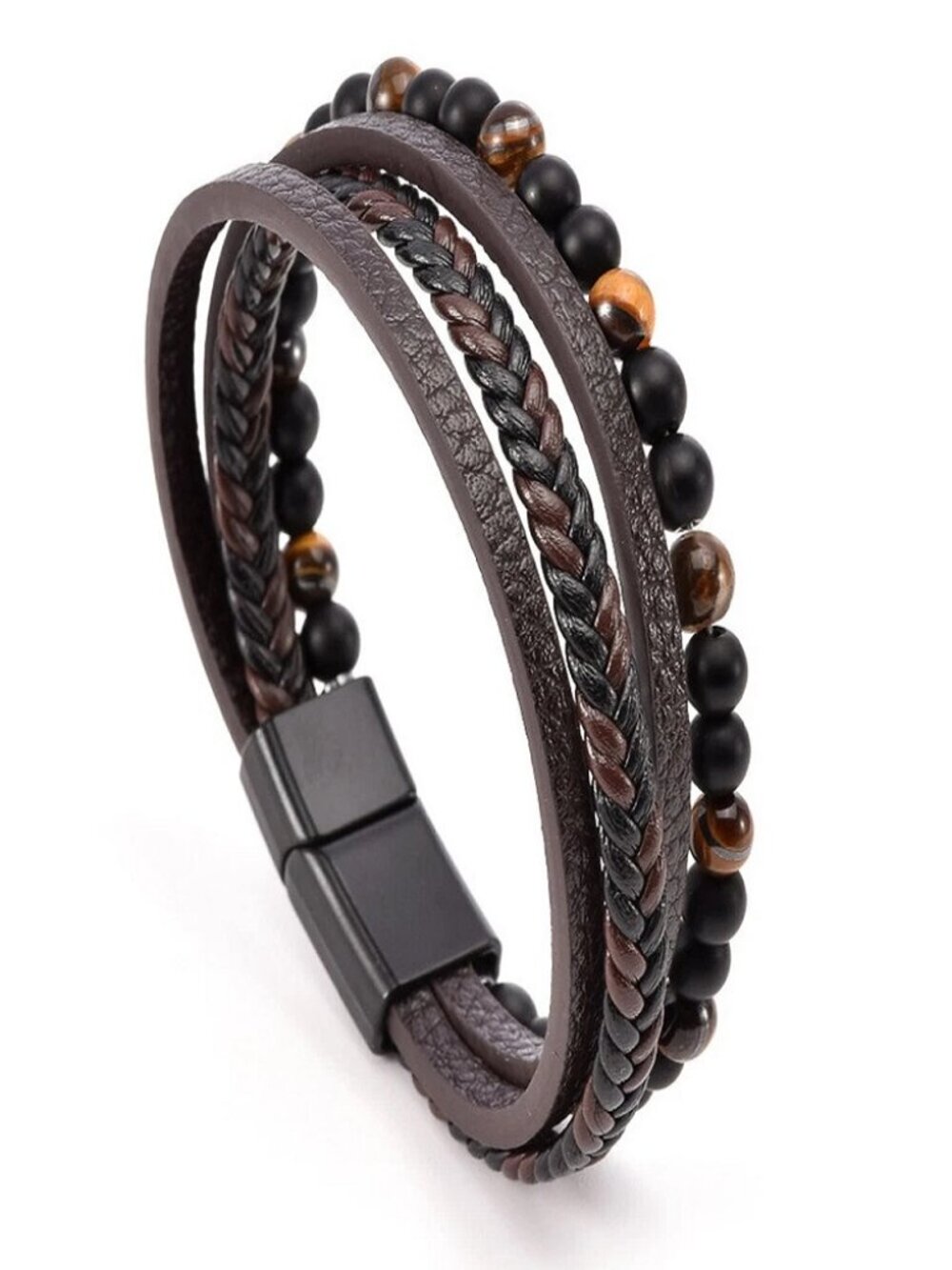 Men's Layered Braided Leather Beaded Bracelet With Tiger Eye Natural Stone - Picture 9 of 10